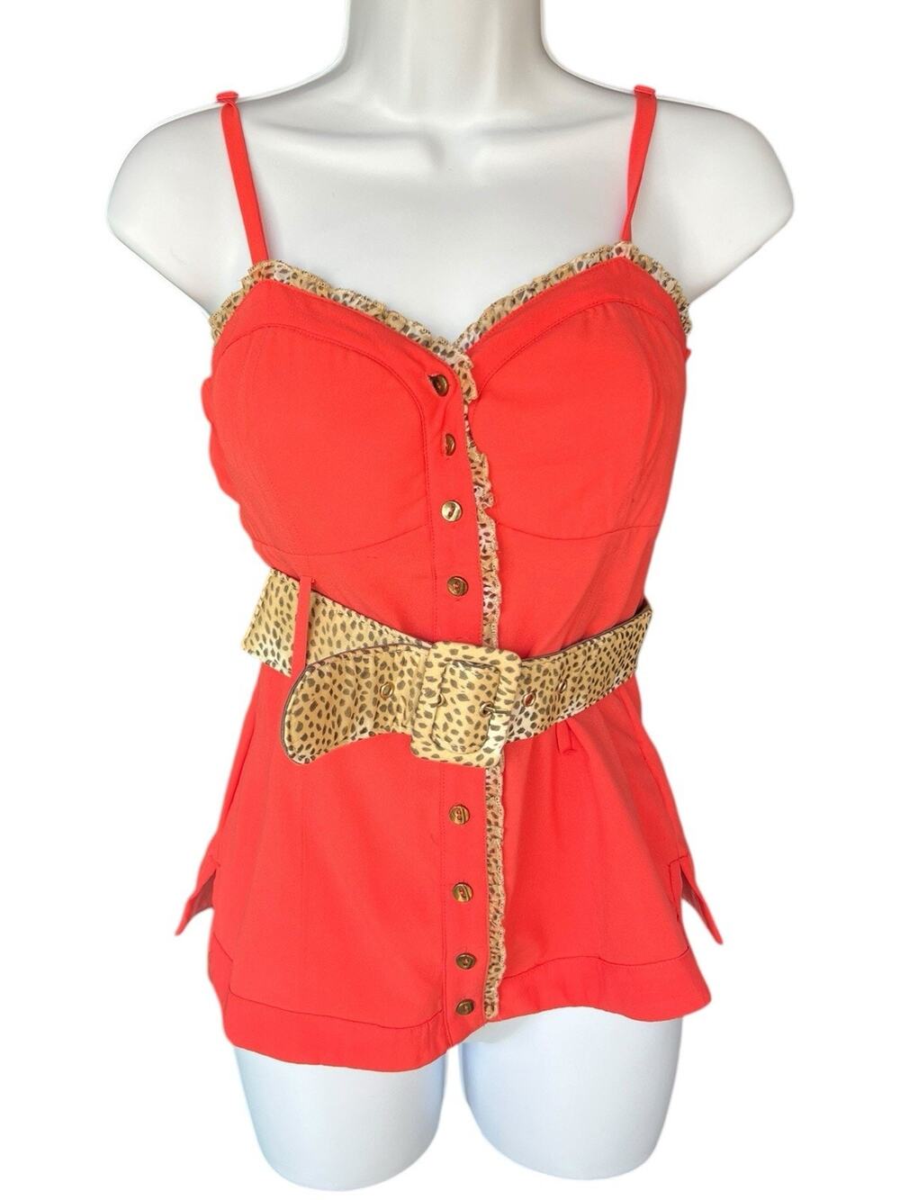 2B Bebe Corset Tank Top Womens Small Belted Babydoll Coral Animal Print Y2K